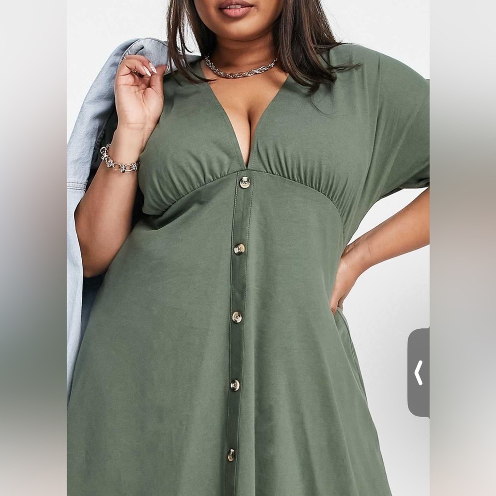 ASOS Design Curve tea dress with horn buttons in khaki
